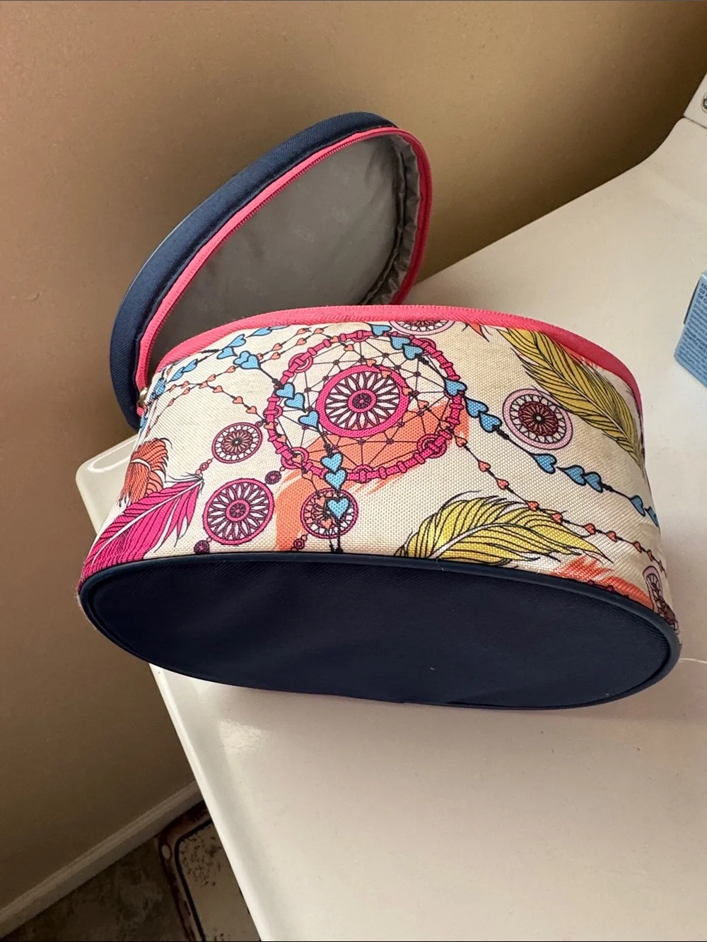Navy and Multicolor Printed Cosmetic Train Case with Coral Trim
